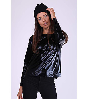 Черна дамска блуза с лъскав ефект Tina снимка
