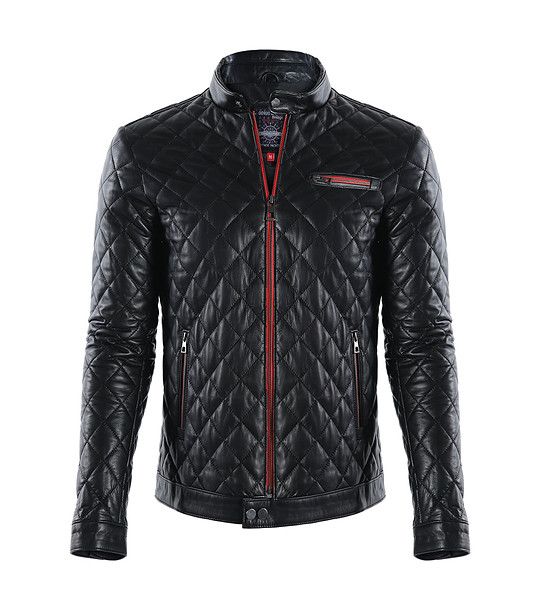 Черно мъжко кожено яке с ромбовидни шевове Leonardo снимка
