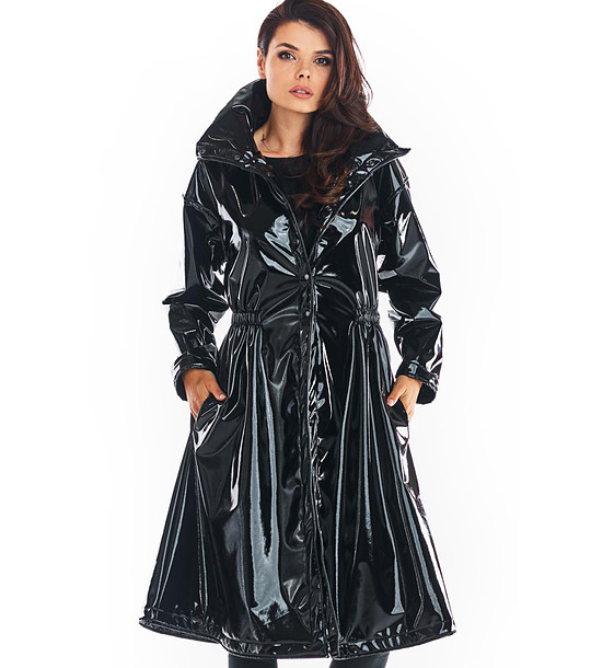 Черно дълго дамско манто с лачен ефект Regina снимка