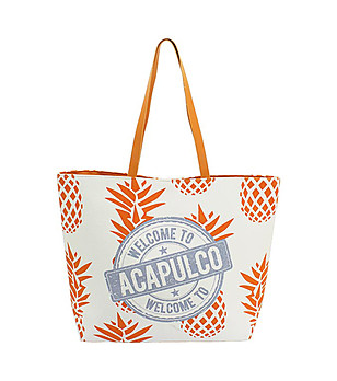 Бяла дамска чанта с оранжев принт снимка