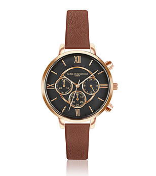 Розовозлатист часовник хронограф с черен циферблат и кафява каишка Ivy снимка