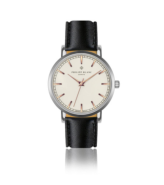 Сребрист unisex часовник с черна кожена каишка Berin снимка