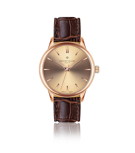 Розовозлатист unisex часовник с кафява кожена каишка Lugano снимка