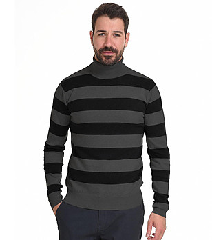 Памучен мъжки пуловер на райе в черно и сиво Adrian снимка