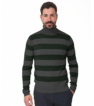 Памучен мъжки поло пуловер на райе в зелено и сиво Adrian снимка
