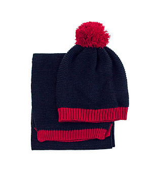 Unisex комплект от шал и шапка в тъмносиньо и червено снимка