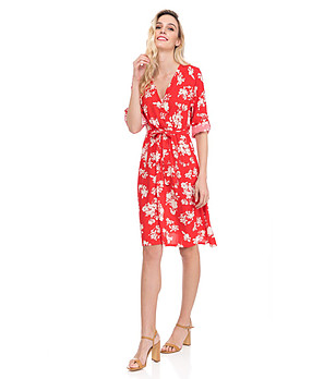 Червена рокля с черен флорален принт Skarlet снимка