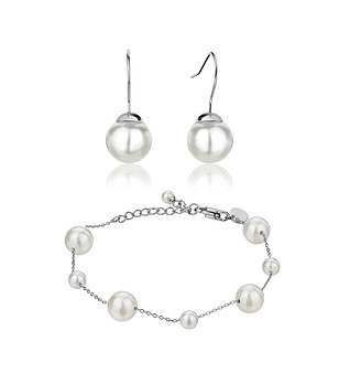 Сребрист комплект от обеци и гривна с бели перли Linda снимка