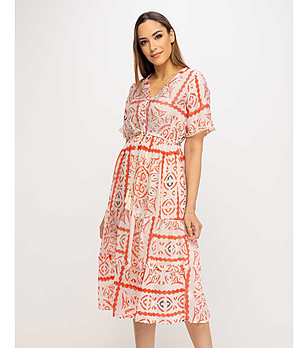 Рокля с принт в екрю и оранжево Bernice снимка