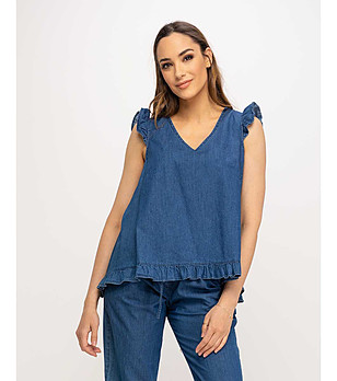 Син памучен топ с къдрички снимка