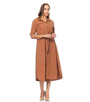 Памучна рокля рипсено кадифе в цвят камел снимка