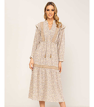 Ефектна миди рокля с флорален принт в бежов нюанс снимка