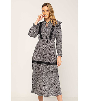 Ефектна миди рокля с флорален принт в черно и бежово снимка