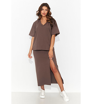 Памучен комплект от блуза и пола в кафяво Rina снимка