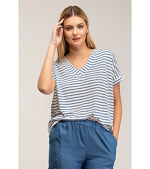 Дамска блуза от лен и памук в бяло и тъмносиньо снимка