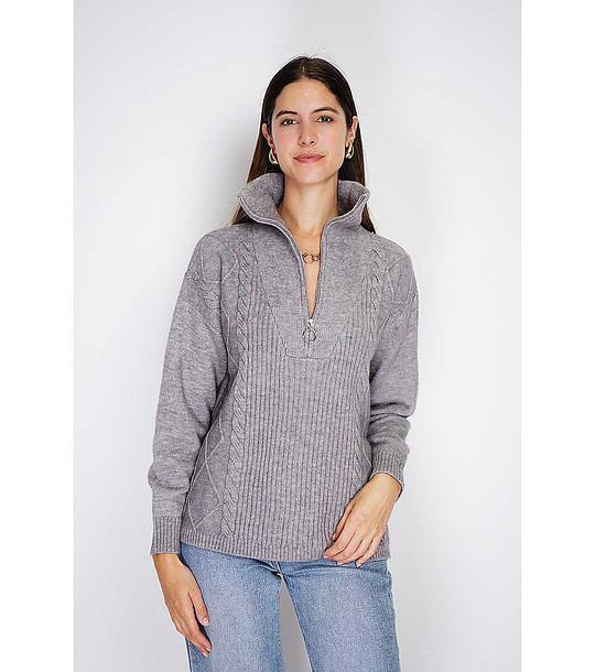 Сив дамски пуловер с кашир и висока яка снимка