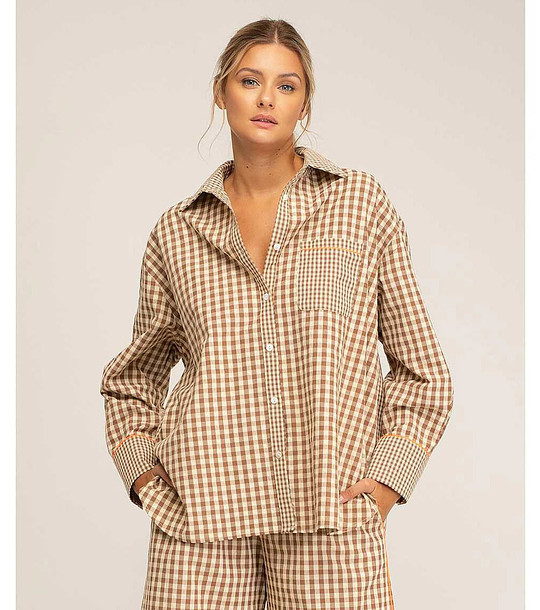 Карирана риза oversize с джоб в бежово и кафяво снимка