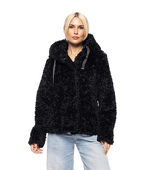 Черно дамско късо пухено палто от еко каракул Fiola снимка