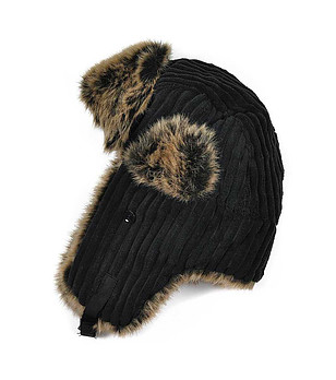 Unisex шапка ушанка в черно с кафяв пух снимка