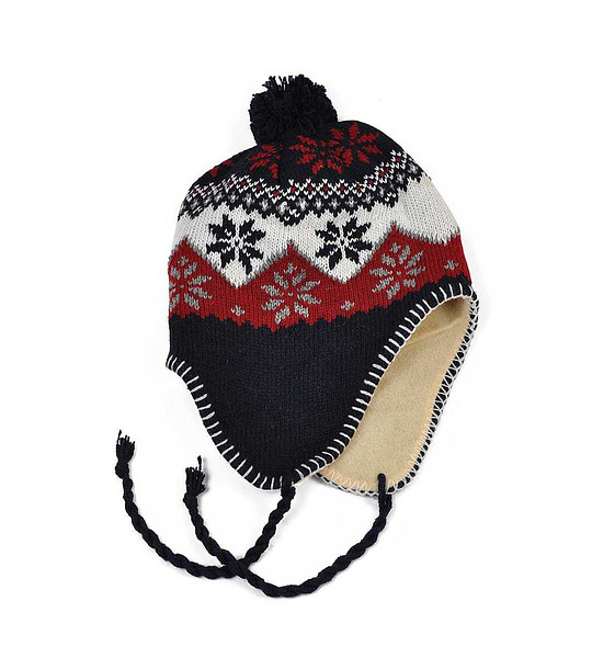 Тъмносиня unisex зимна шапка с контрастни мотиви снимка