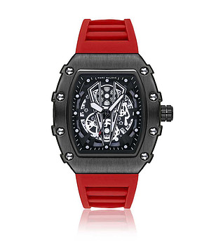 Черен мъжки часовник в червена каишка снимка