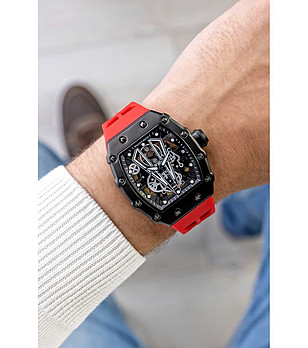 Автоматичен мъжки часовник скелетон в черно и червено снимка