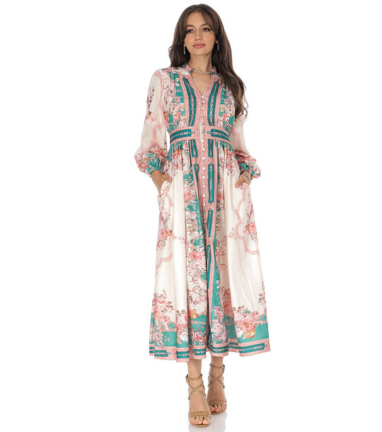 Дълга рокля в цвят крем, праскова и зелено с принт Viana снимка