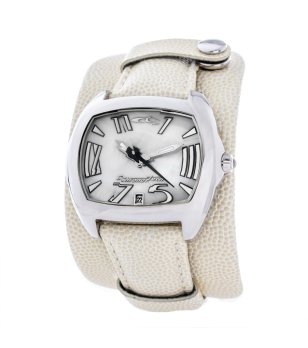 Сребрист часовник с широка кожена каишка в екрю снимка