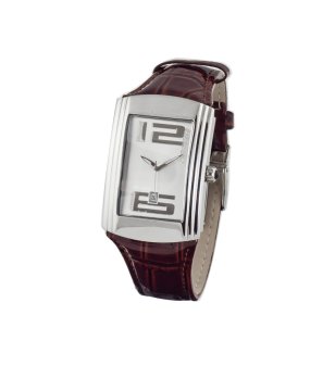 Сребрист часовник с кожена каишка в бордо снимка