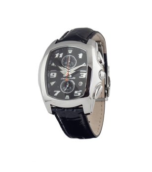 Аналогов мъжки часовник в черно и сребристо с кожена каишка снимка