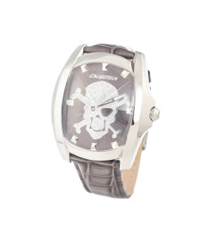 Мъжки часовник с череп и кожена каишка в сиво снимка