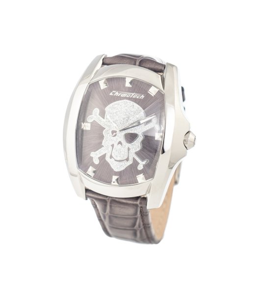 Мъжки часовник с череп и кожена каишка в сиво снимка