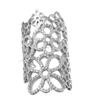 Широк дамски сребрист пръстен с цветя и кристали размер 54 снимка