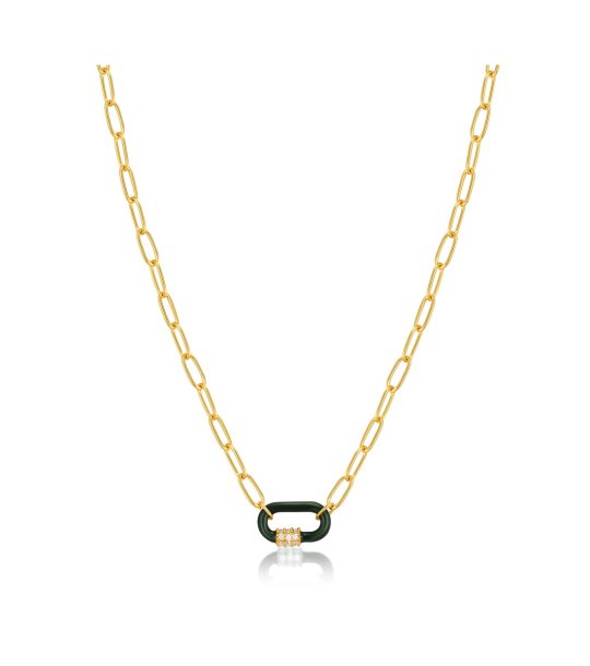 Златисто  колие с тъмнозелен детайл с камъчета снимка