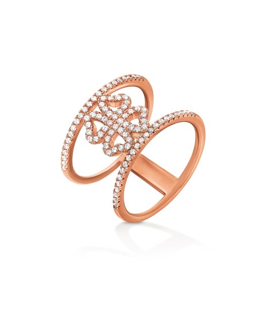 Двоен пръстен в розовозлатисто с кристали размер 52 снимка