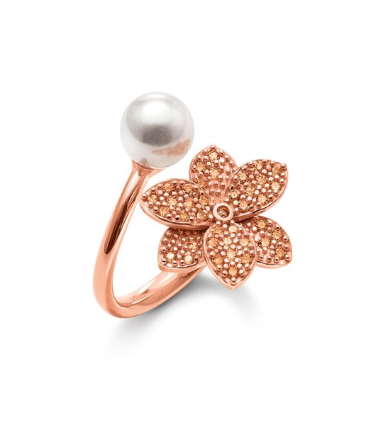 Розовозлатист дамски пръстен с цвете и перла размер 54 снимка