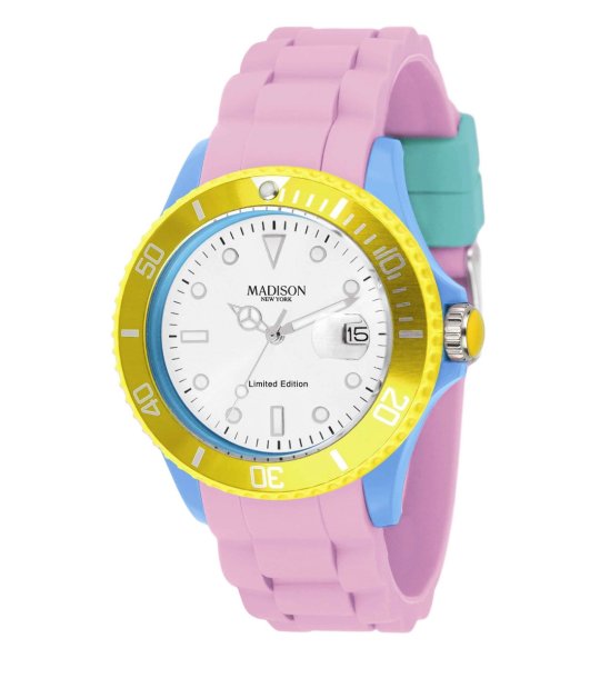 Часовник в розово, синьо и жълто с аналогов дисплей снимка