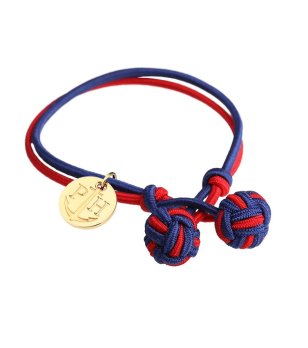 Дамска гривна в синьо и червено с възли и златиста висулка снимка