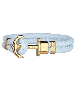 Светлосиня кожена гривна с плетеница и златиста котва размер XXL снимка