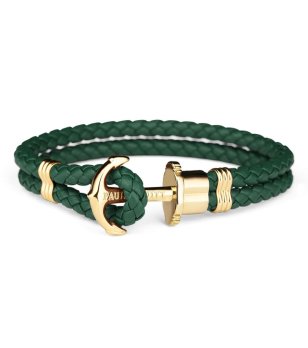 Кожена гривна в тъмнозелено с плетеница и златиста котва размер  L снимка