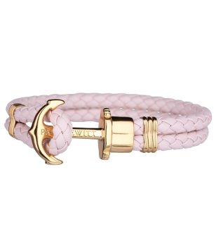 Кожена гривна в розово с плетеница и златиста котва размер XXXL снимка