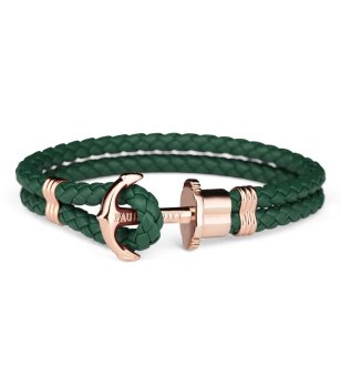 Кожена гривна в тъмнозелено с плетеница и розовозлатиста котва размер S снимка