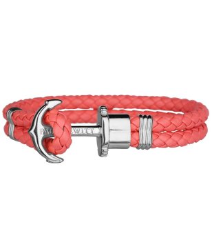 Кожена гривна в корал с плетеница и сребриста котва размер S снимка