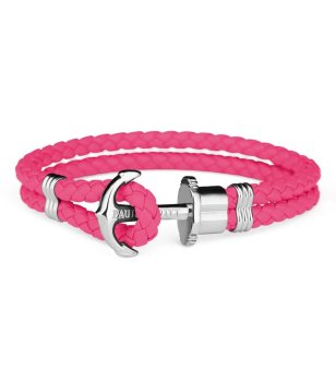 Кожена гривна в циклама с плетеница и сребриста котва размер L снимка