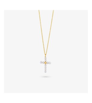 Златисто дамско колие с кръст и перли снимка