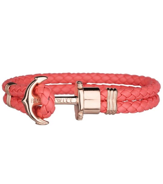 Кожена гривна в цвят корал  с плетеница и розовозлатиста котва размер М снимка