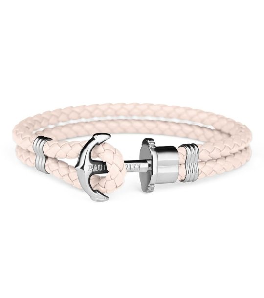 Кожена гривна в екрю с плетеница и сребриста котва размер XXL снимка