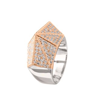 Дамски сребрист и розовозлатисто пръстен с цирконии размер 60 снимка