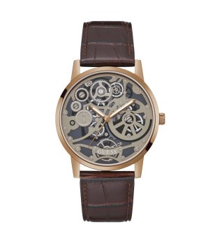 Мъжки аналогов часовник скелетон с кафява кожена каишка снимка