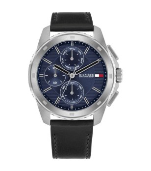 Мъжки часовник в сребристо и синьо с черна кожена каишка снимка